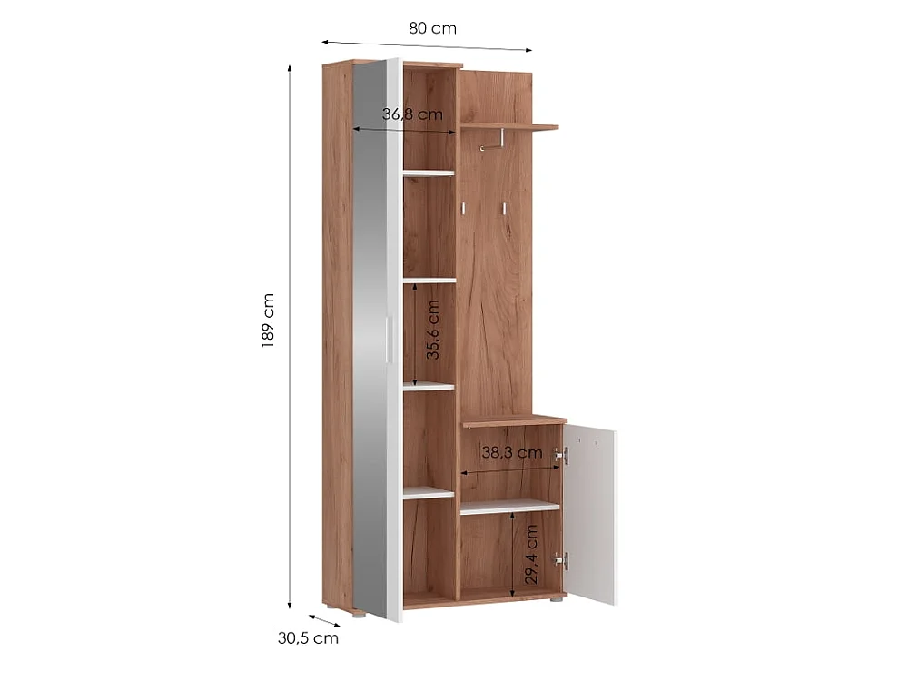 Garderobe Intra 80x189x30,5cm - met spiegel kast kapstokken - Donker Craft Eiken/Parelwit