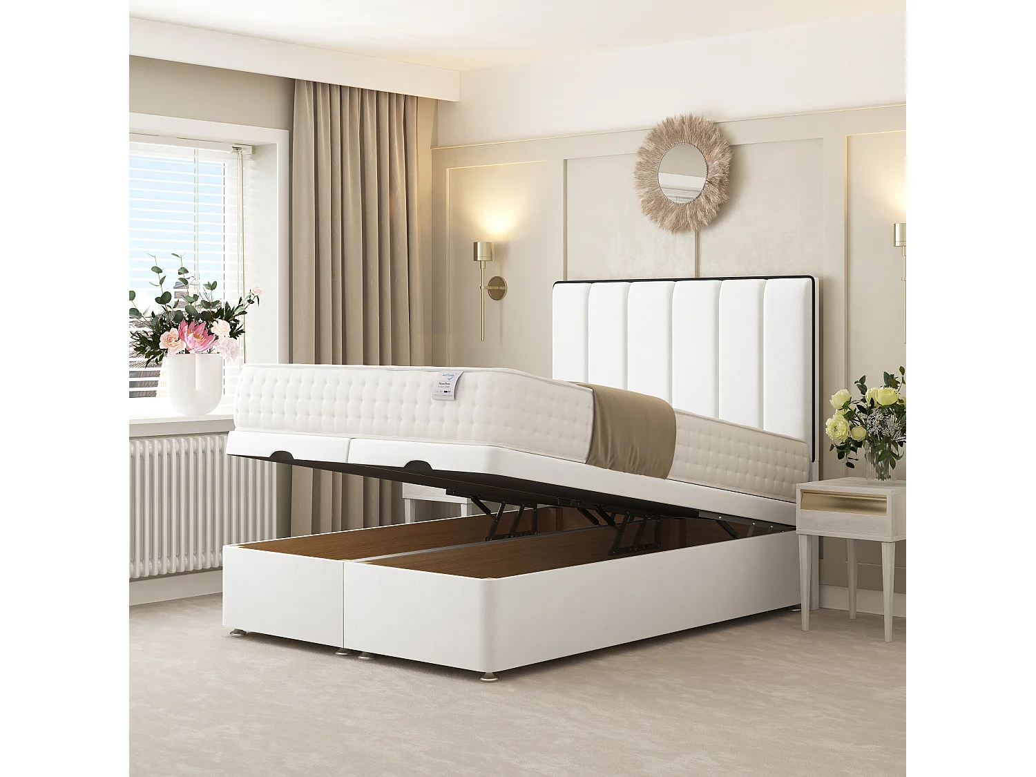 Herringbone Ottoman Upholstered Divan with 54" Headboard (White) - 135 x 190 cm