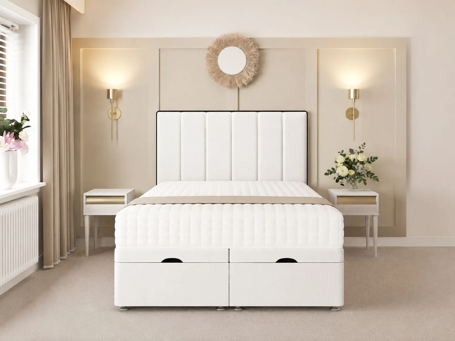 Herringbone Ottoman Upholstered Divan with 54" Headboard (White) - 135 x 190 cm