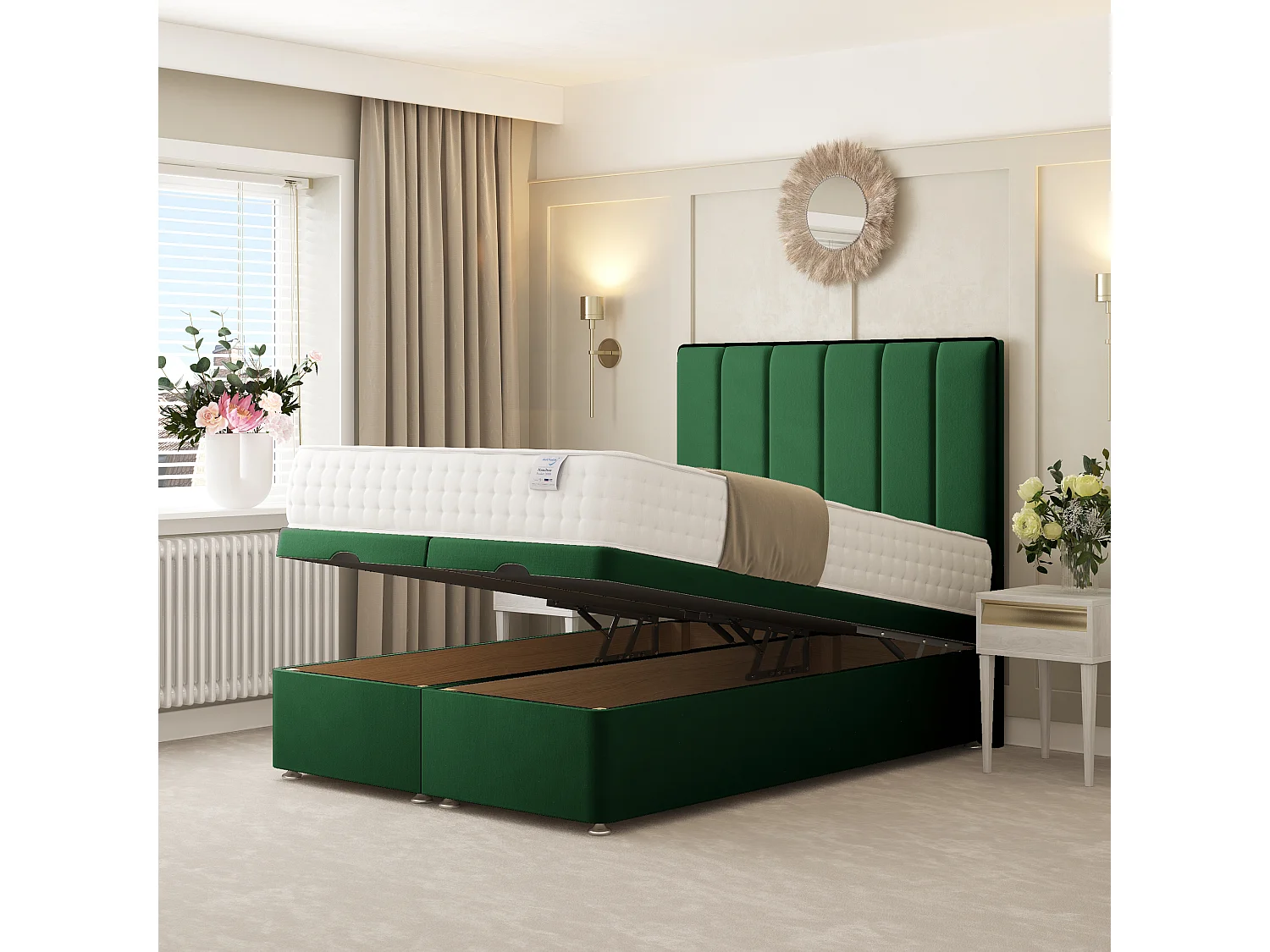 Herringbone Ottoman Upholstered Divan with 54" Headboard (Green) - 135 x 200 cm