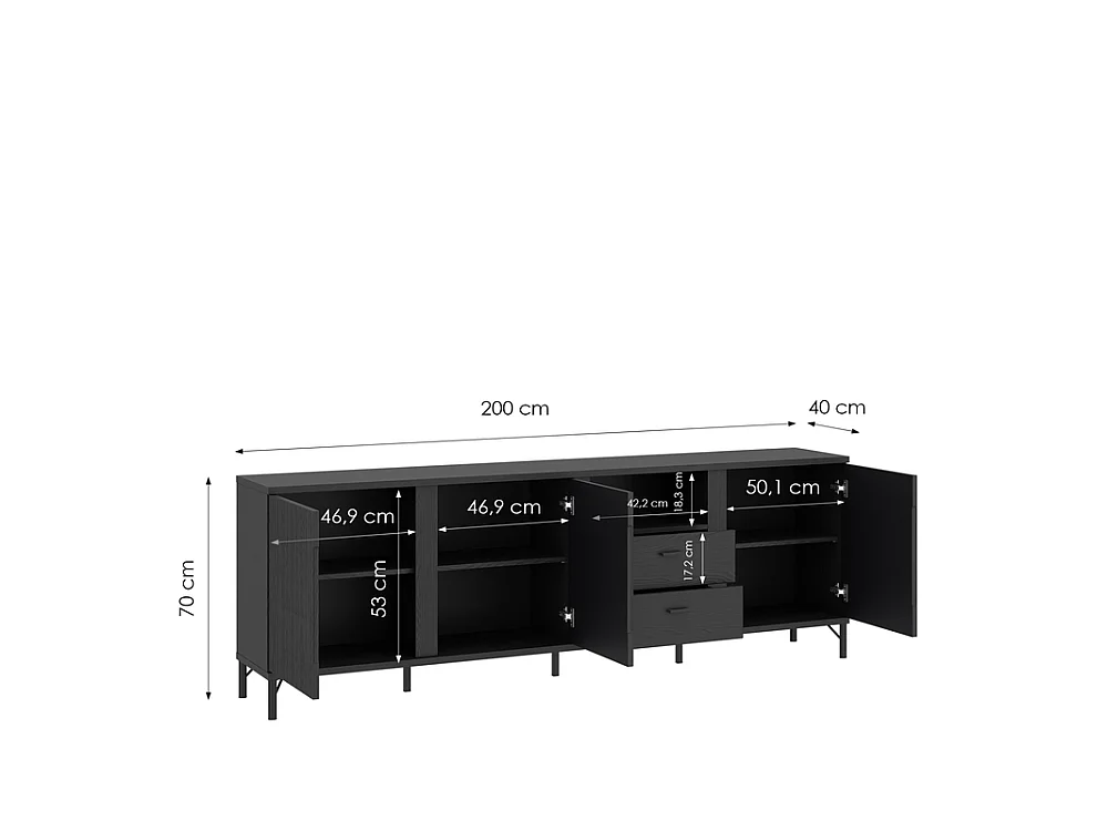 Meuble TV Duna 200x70x40cm - 3 portes 2 tiroirs - salon et chambre - graphite noir