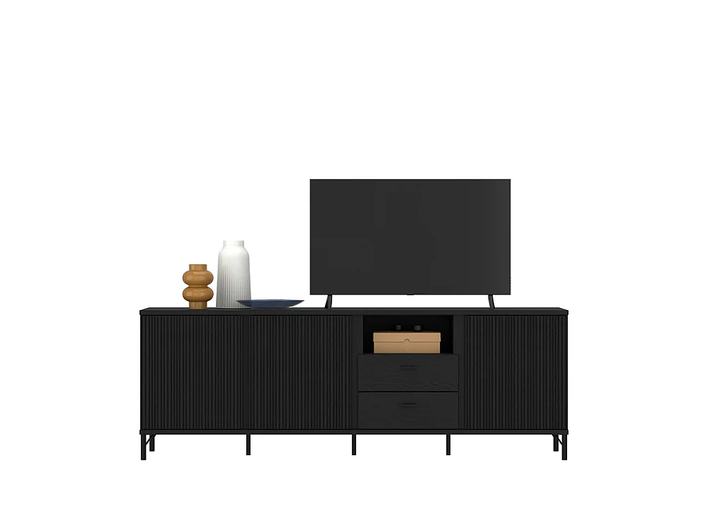 Meuble TV Duna 200x70x40cm - 3 portes 2 tiroirs - salon et chambre - graphite noir