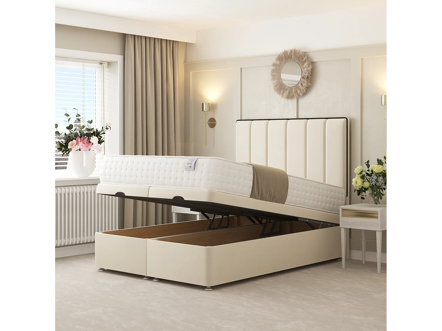 Herringbone Ottoman Upholstered Divan with 54" Headboard (Cream) - 135 x 200 cm