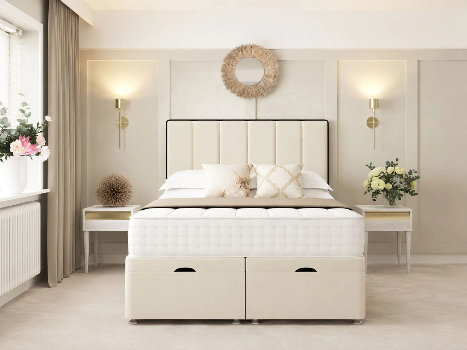 Herringbone Ottoman Upholstered Divan with 54" Headboard (Cream) - 135 x 200 cm