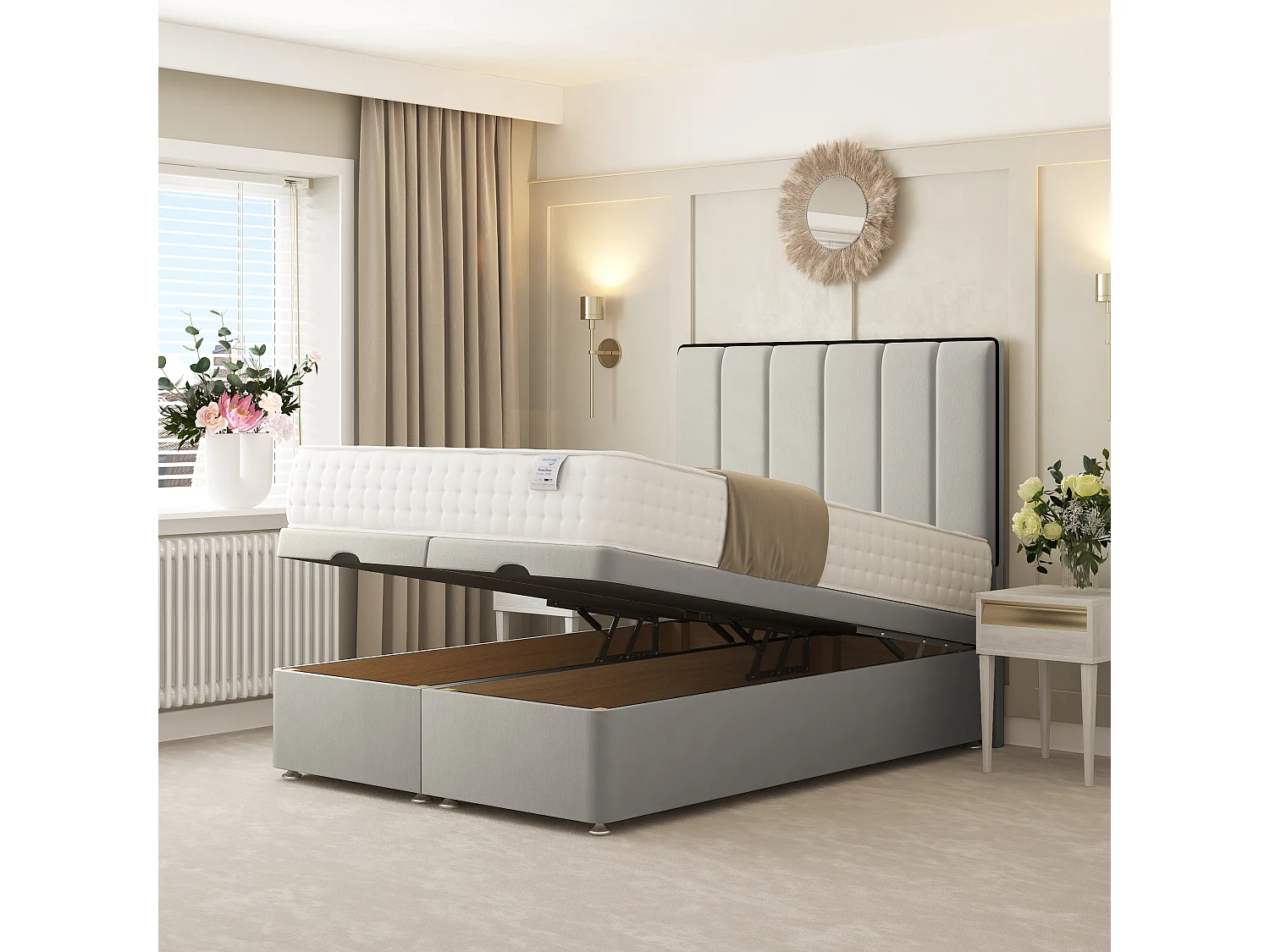 Herringbone Ottoman Upholstered Divan with 54" Headboard (Silver) - 90 x 190 cm