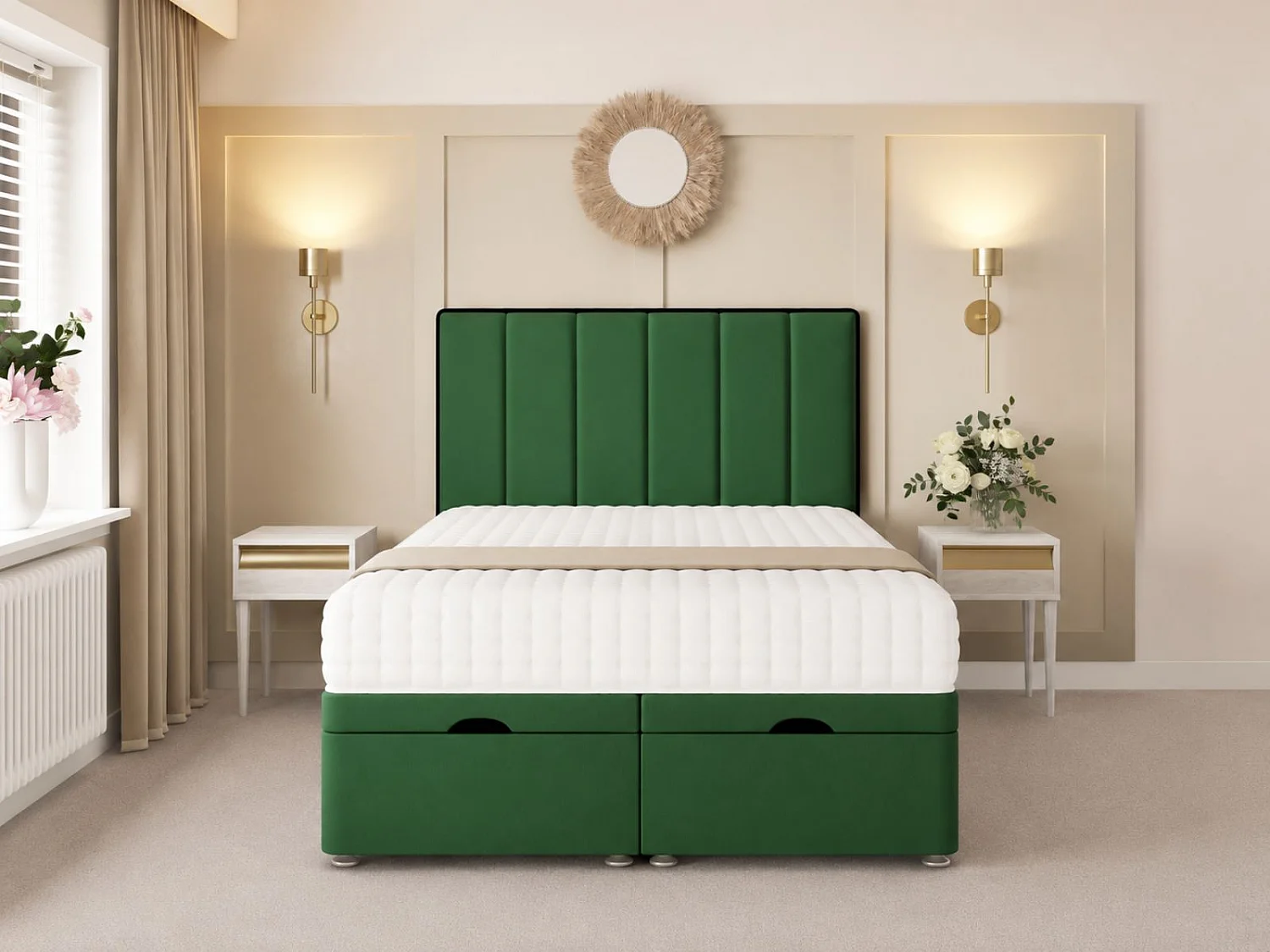 Herringbone Ottoman Upholstered Divan with 54" Headboard (Green) - 90 x 190 cm