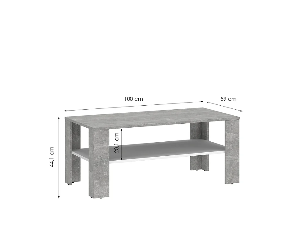 Stolik kawowy Venta 100x44x59cm - prostokątny z dolną półką - do salonu - beton/biały
