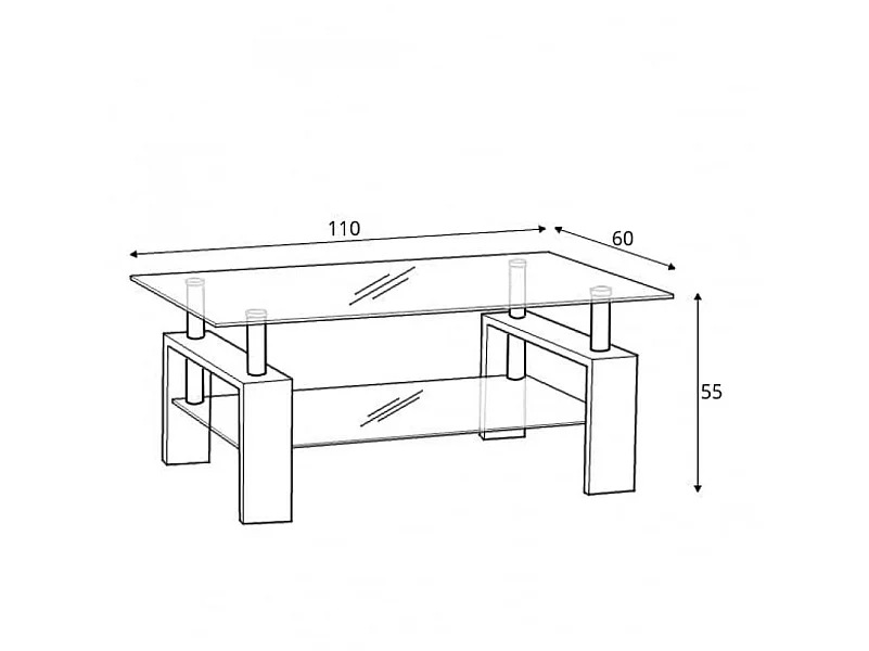 Couchtisch Diana H 110x55x60cm - Glasplatte - Glasablage - Wohnzimmer - Sonoma-Eiche