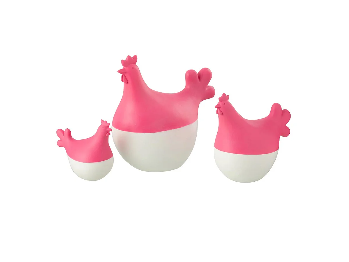 Lot de 3 Statuettes Coq Extérieur "Alfredo" 20cm Rose & Blanc