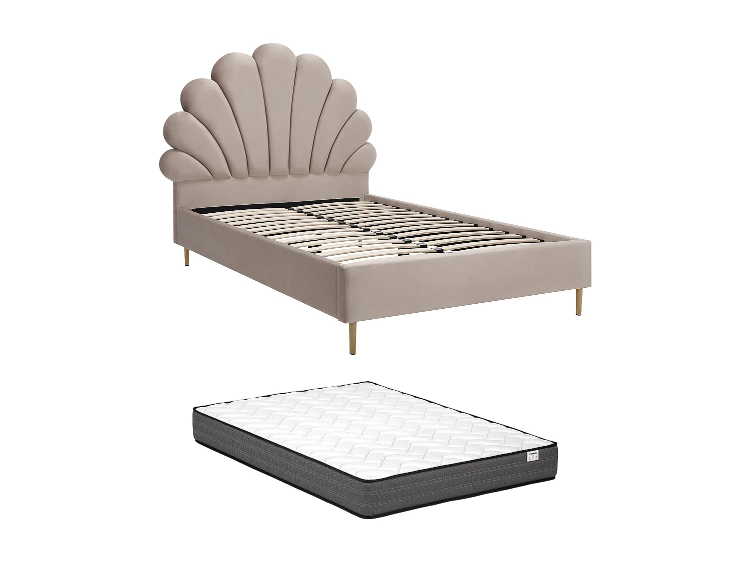 Lit coquillage 120 x 190 cm - Velours - Beige + Matelas - LIVAYA