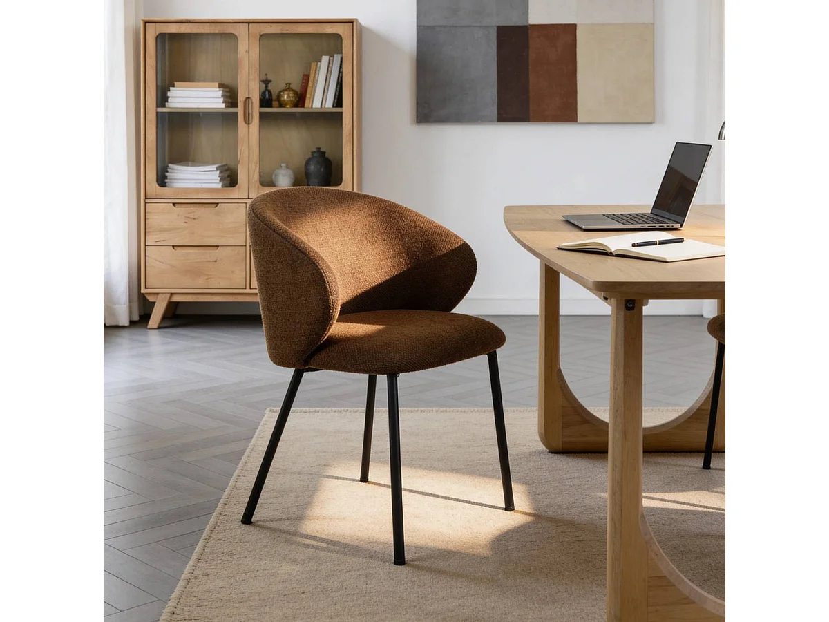 Chaise avec accoudoirs ronds en tissu marron et pieds en métal Cléa (lot de 2)