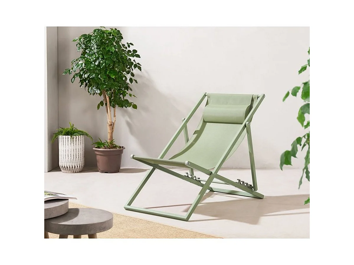 Chilienne PAROSKAKI pliante en textilène et structure acier, Vert kaki, L 102 x P 63 x H 97 cm