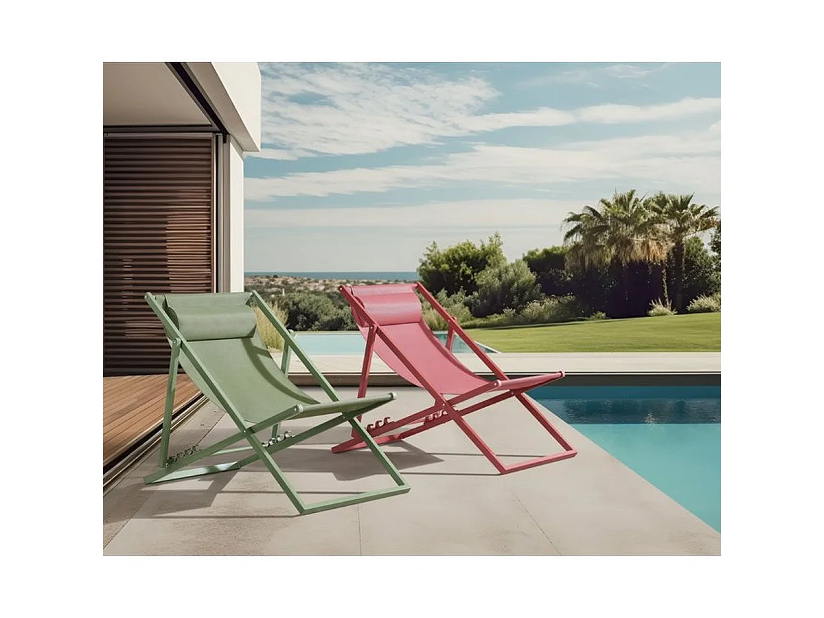 Chilienne PAROSKAKI pliante en textilène et structure acier, Vert kaki, L 102 x P 63 x H 97 cm