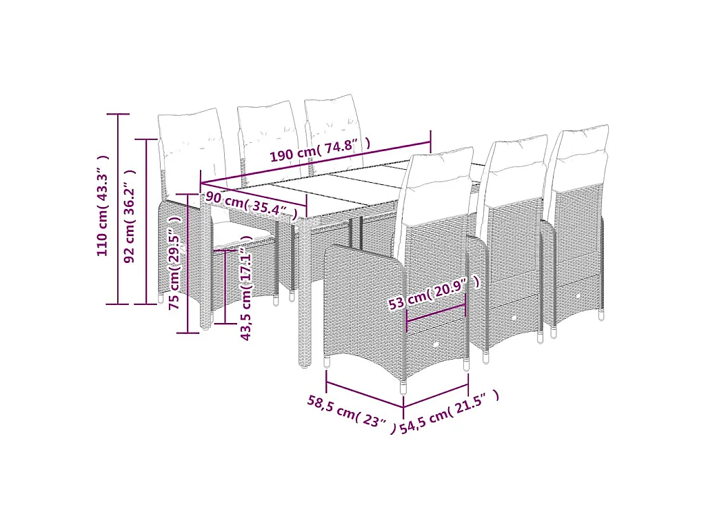 Set de mesa y sillas de jardín 7 piezas y cojines ratán PE negro