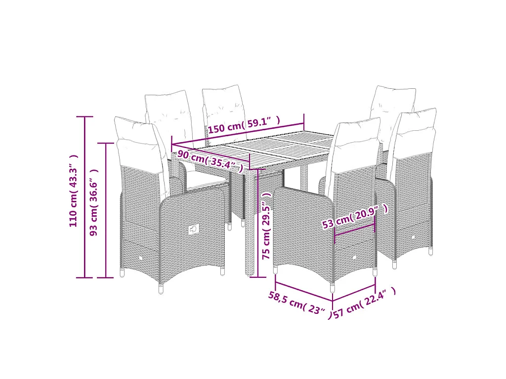 Set de mesa y sillas de jardín 7 piezas y cojines ratán PE negro