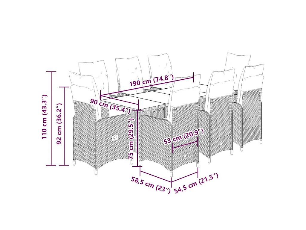 Ensemble de bistro de jardin 9 pièces coussins noir poly rotin