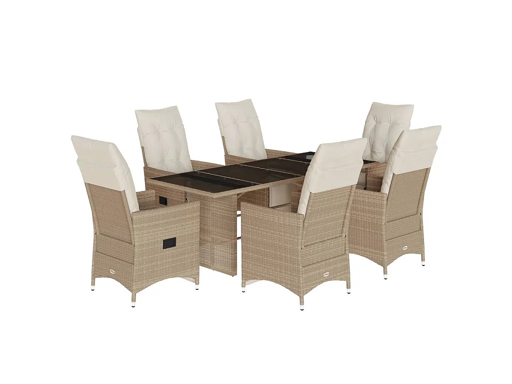 Set de mesa y sillas de jardín 7 piezas y cojines ratán PE beige