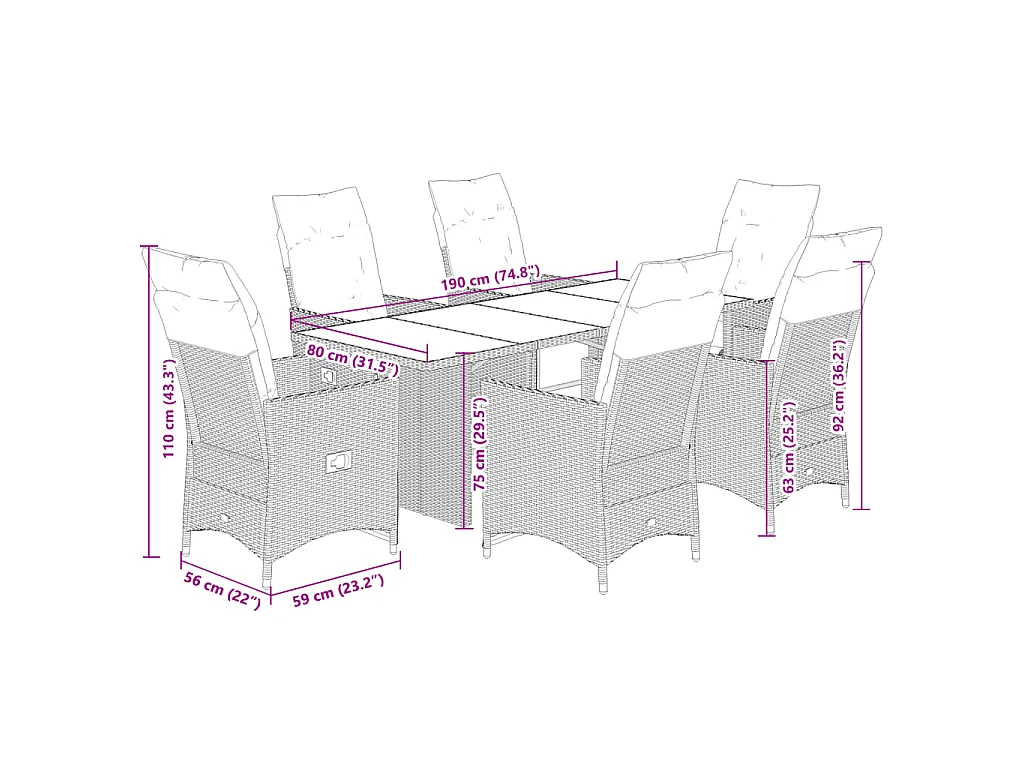 Set de mesa y sillas de jardín 7 piezas y cojines ratán PE beige