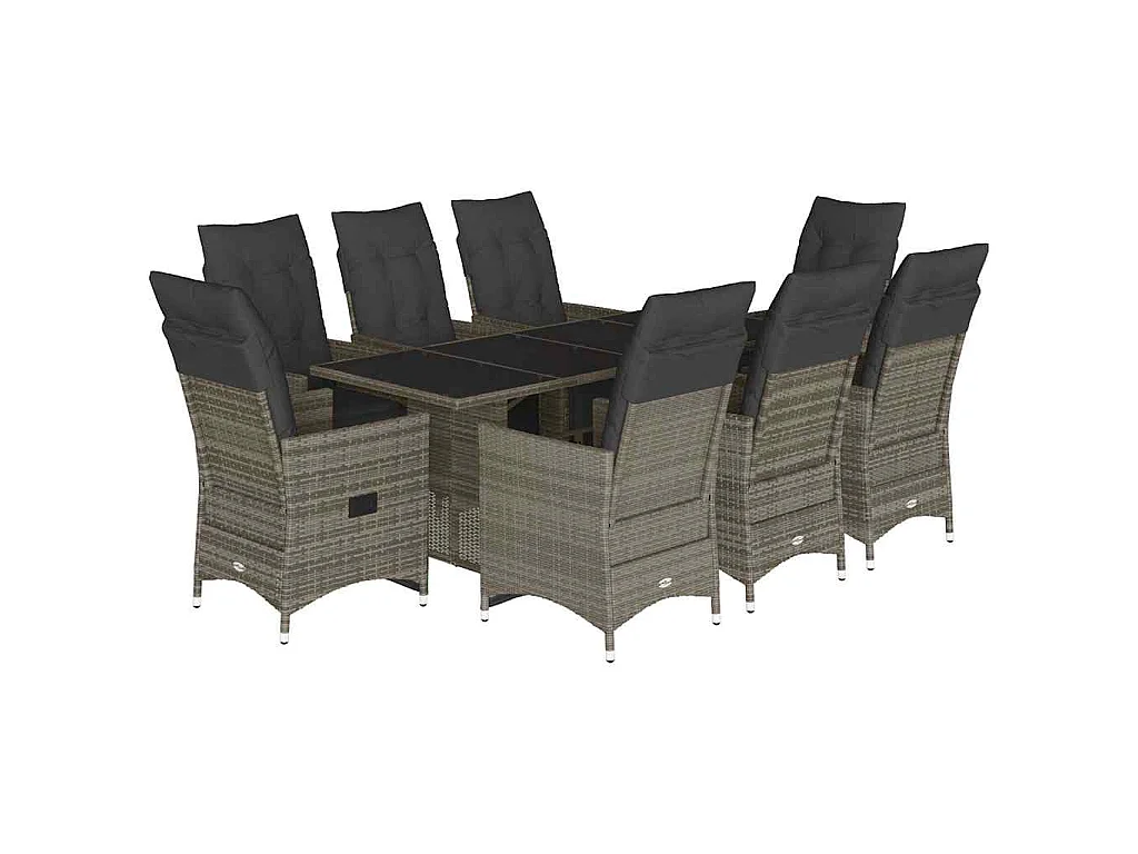 Ensemble de bistro de jardin 9 pièces coussins gris poly rotin
