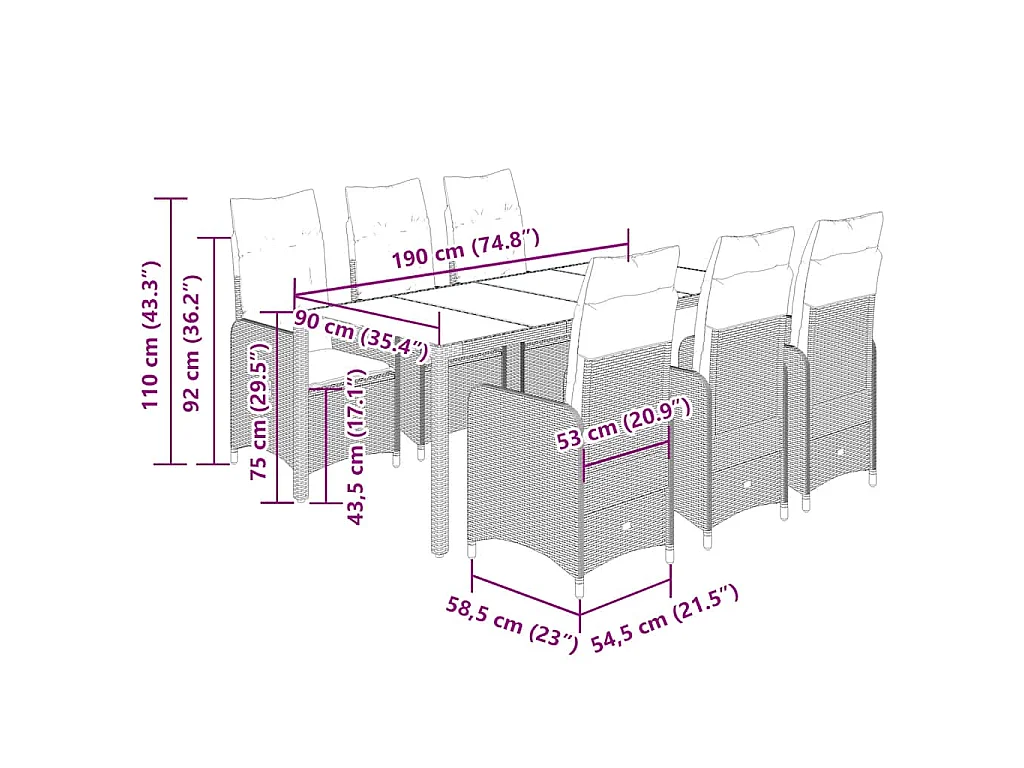Set de mesa y sillas de jardín 7 piezas y cojines ratán PE beige