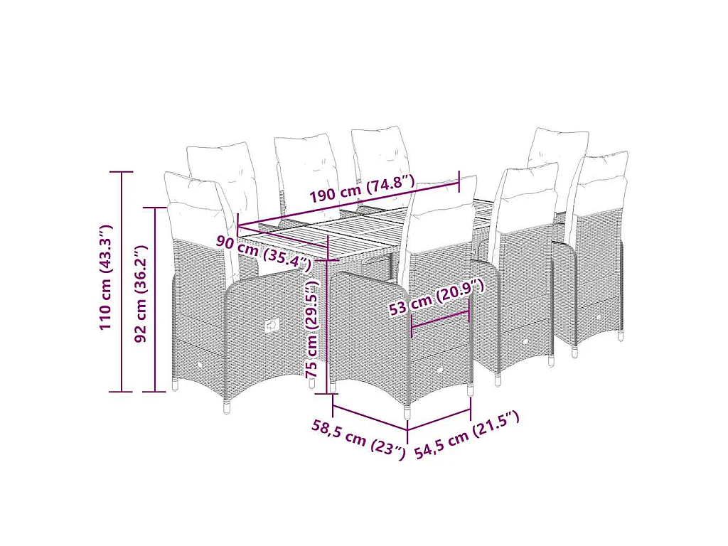 Ensemble de bistro de jardin 9 pièces coussins gris poly rotin
