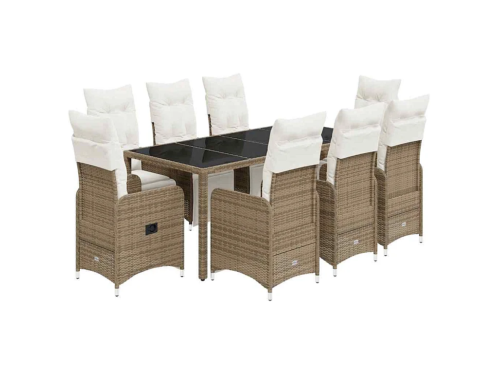 Ensemble de bistro de jardin 9 pièces coussins marron poly rotin