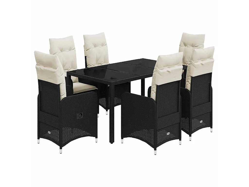 Set de mesa y sillas de jardín 7 piezas y cojines ratán PE negro