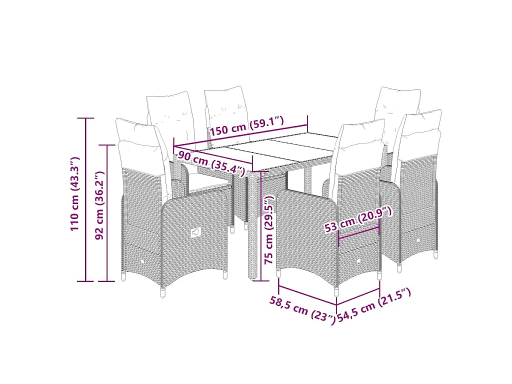 Set de mesa y sillas de jardín 7 piezas y cojines ratán PE beige