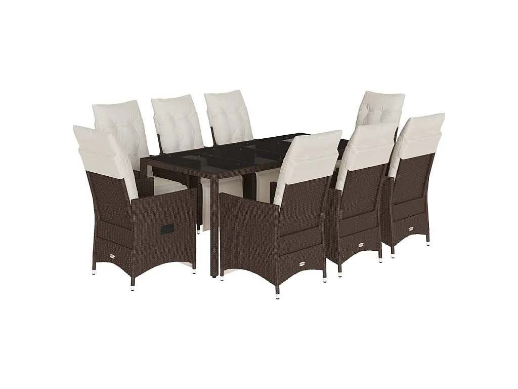 Ensemble de bistro de jardin 9 pièces coussins marron poly rotin