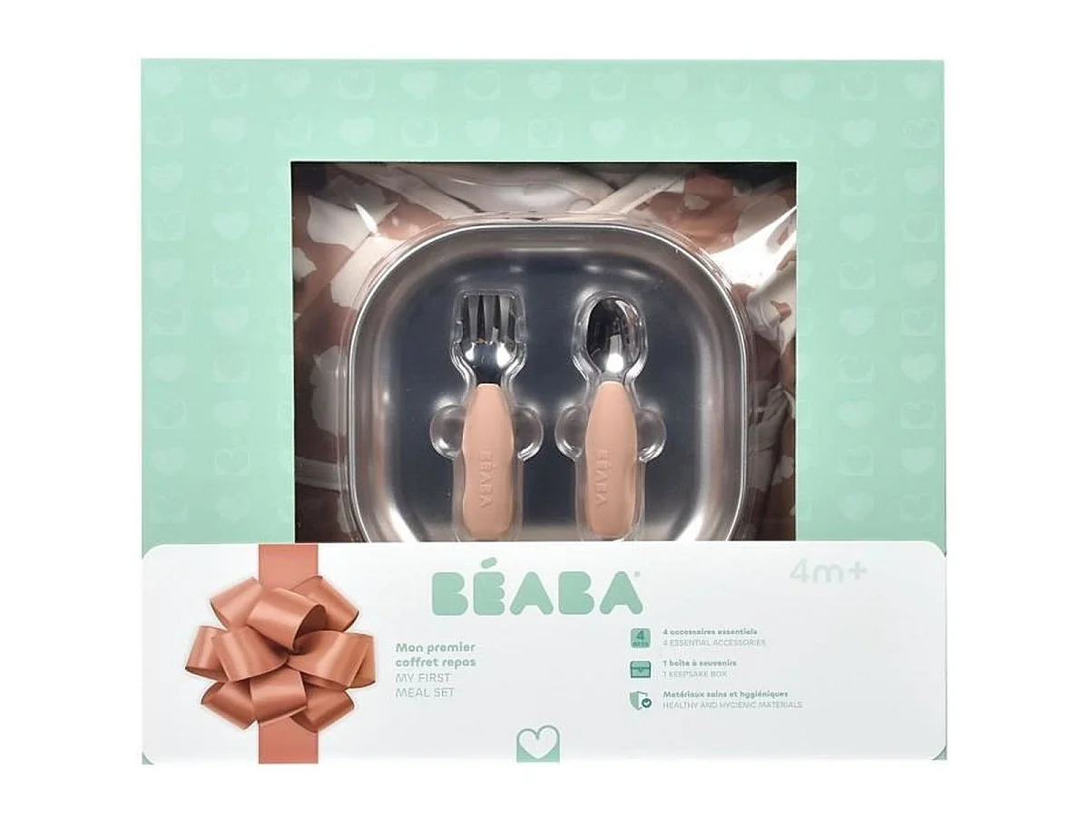 Coffret BÉABA Savannah Bloom Premiers repas — Assiette inox, couverts ergonomiques et bavoir manches longues