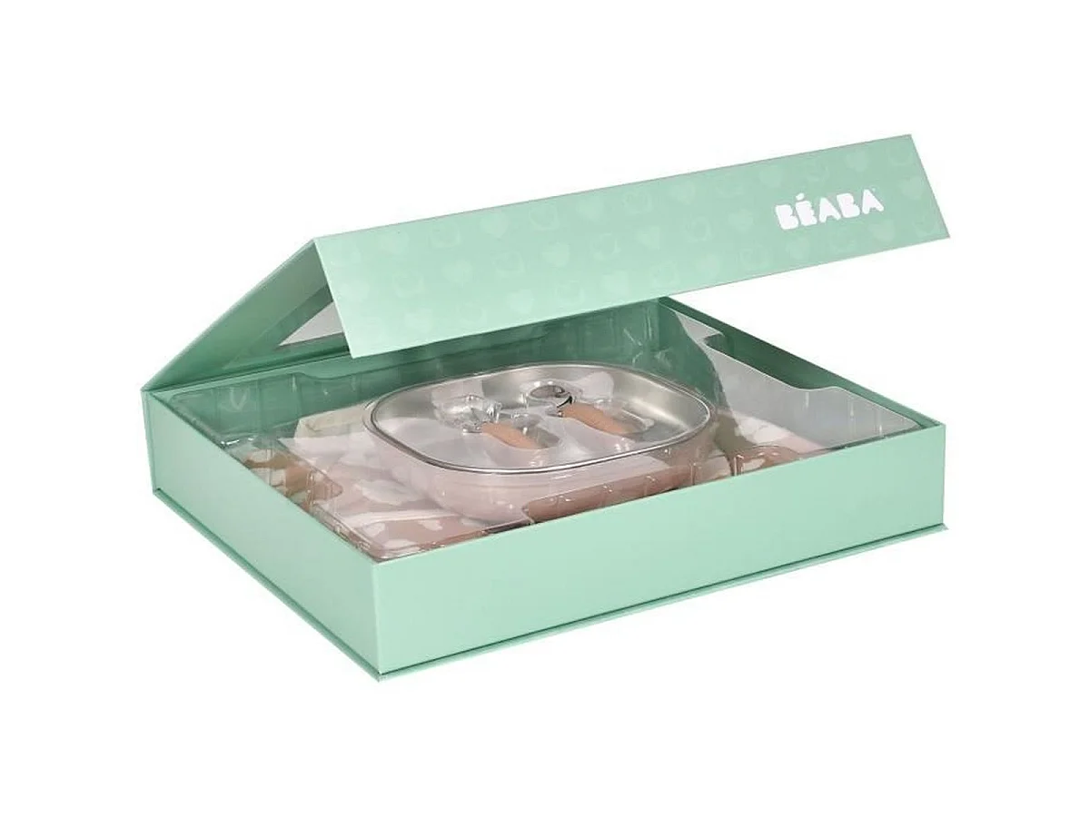 Coffret BÉABA Savannah Bloom Premiers repas — Assiette inox, couverts ergonomiques et bavoir manches longues