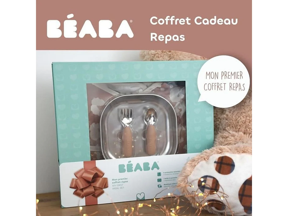Coffret BÉABA Savannah Bloom Premiers repas — Assiette inox, couverts ergonomiques et bavoir manches longues