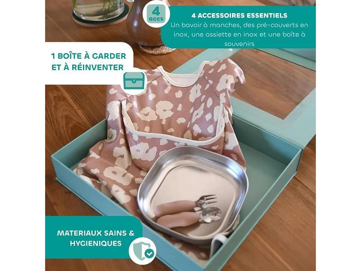 Coffret BÉABA Savannah Bloom Premiers repas — Assiette inox, couverts ergonomiques et bavoir manches longues