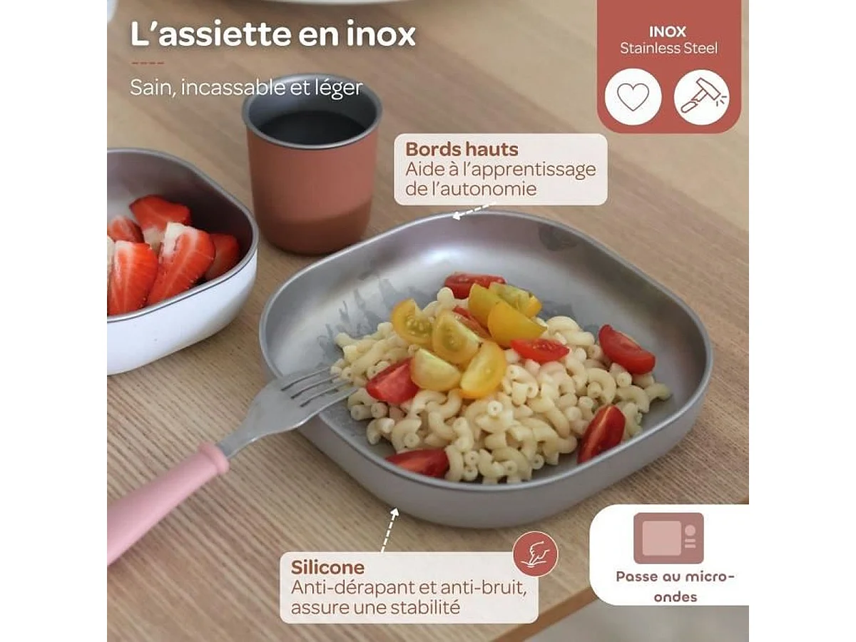 Coffret BÉABA Savannah Bloom Premiers repas — Assiette inox, couverts ergonomiques et bavoir manches longues