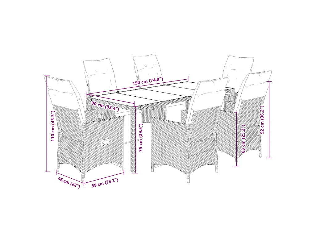 Set de mesa y sillas jardín 7 piezas con cojines ratán PE marrón