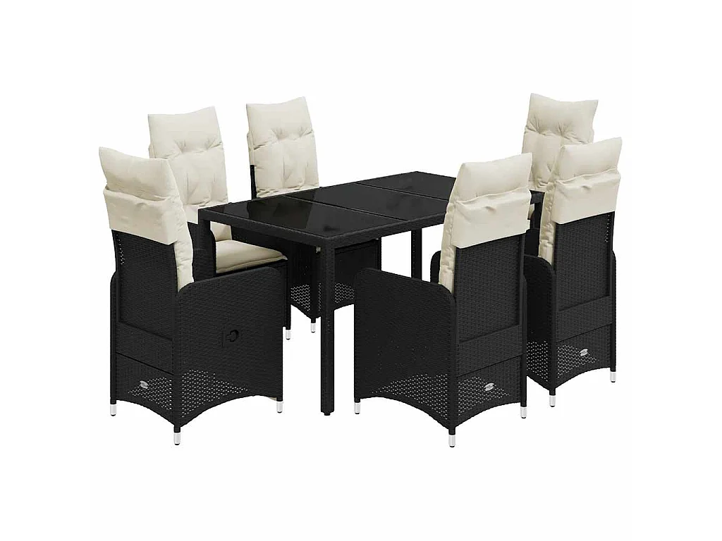 Set de mesa y sillas de jardín 7 piezas y cojines ratán PE negro