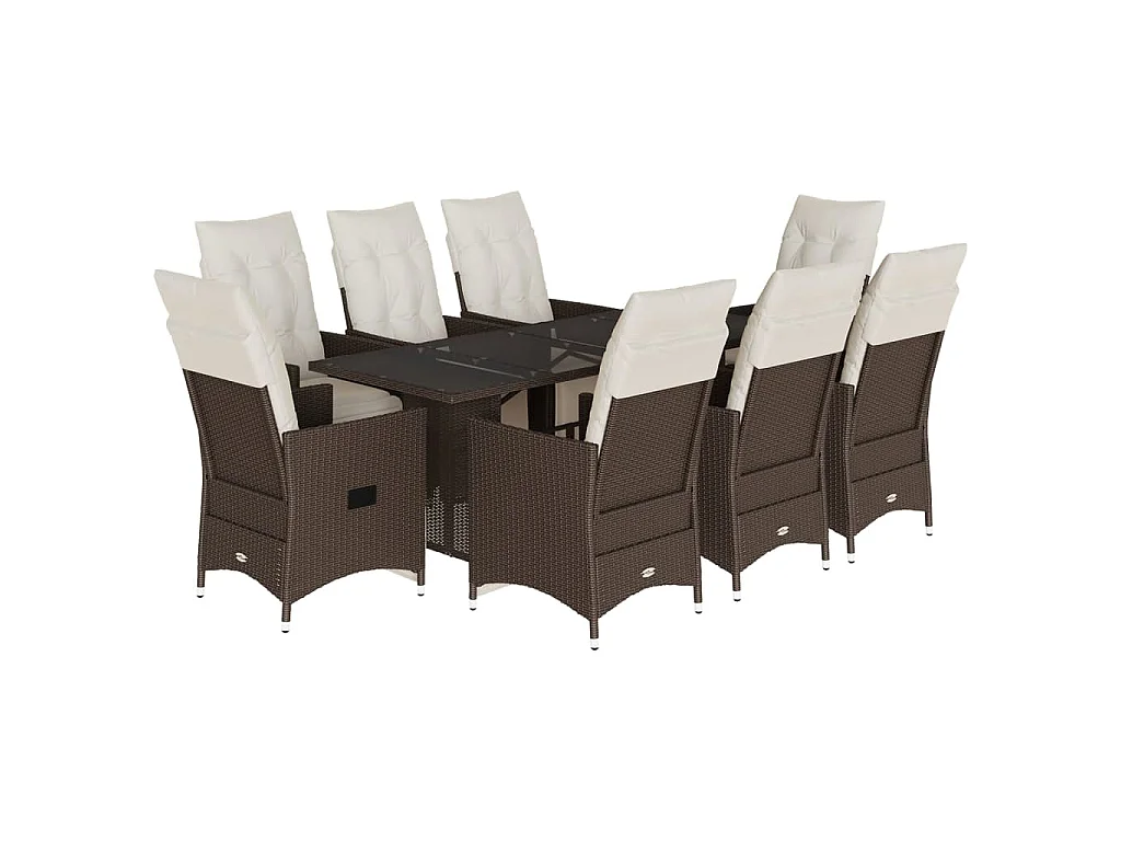 Ensemble de bistro de jardin 9 pièces coussins marron poly rotin
