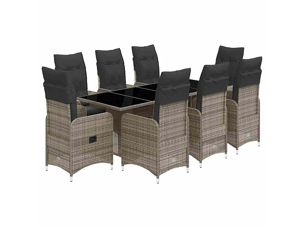 Ensemble de bistro de jardin 9 pièces coussins gris poly rotin