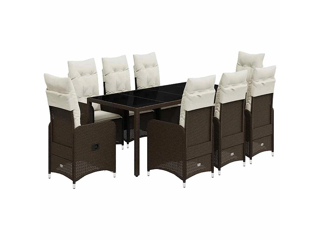 Ensemble de bistro de jardin 9 pièces coussins marron poly rotin