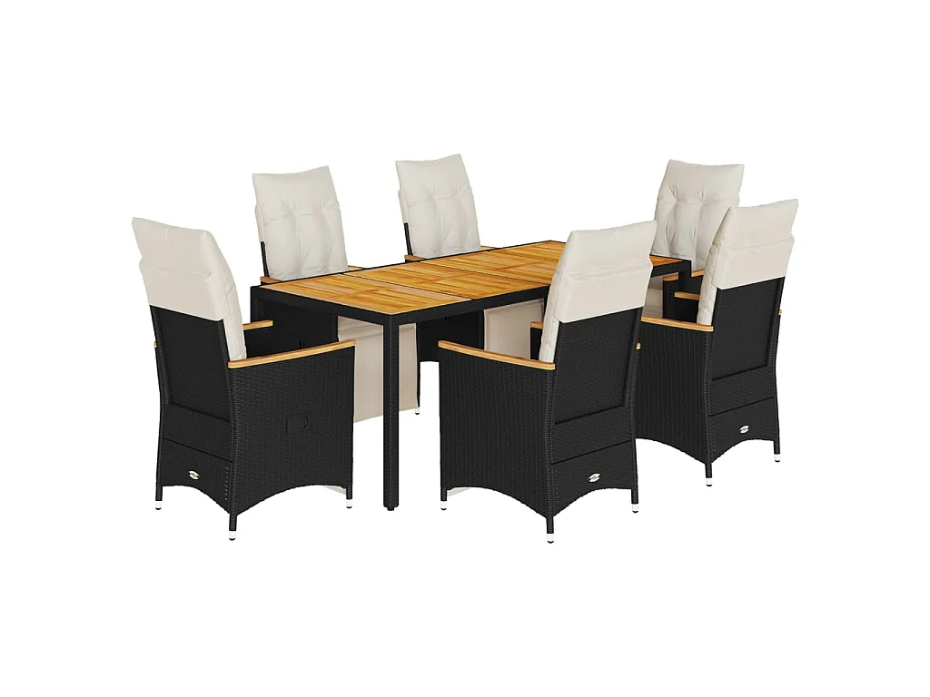 Set de mesa y sillas de jardín 7 piezas y cojines ratán PE negro