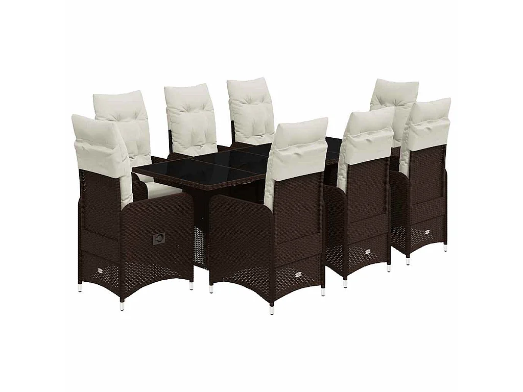 Ensemble de bistro de jardin 9 pièces coussins marron poly rotin