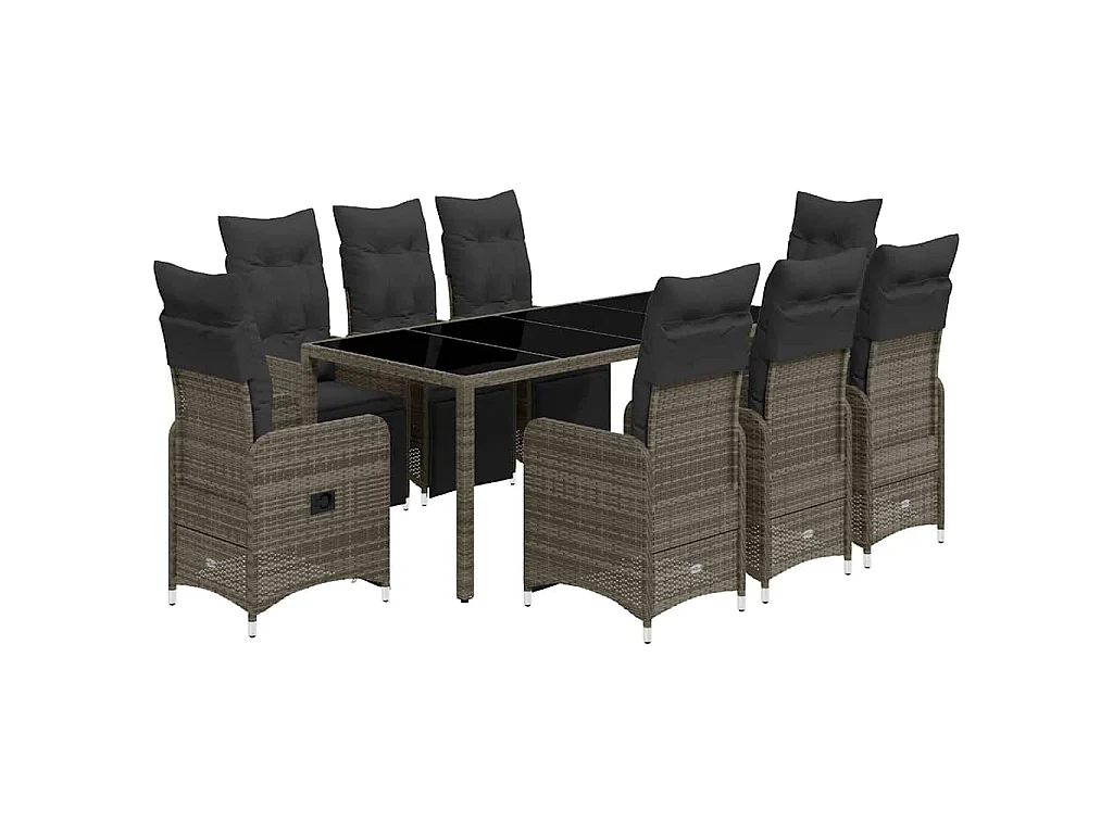 Ensemble de bistro de jardin 9 pièces coussins gris poly rotin
