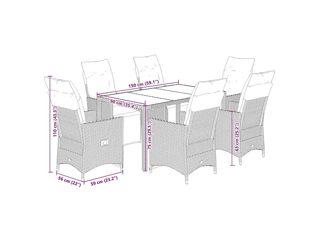 Set de mesa y sillas jardín 7 piezas con cojines ratán PE marrón
