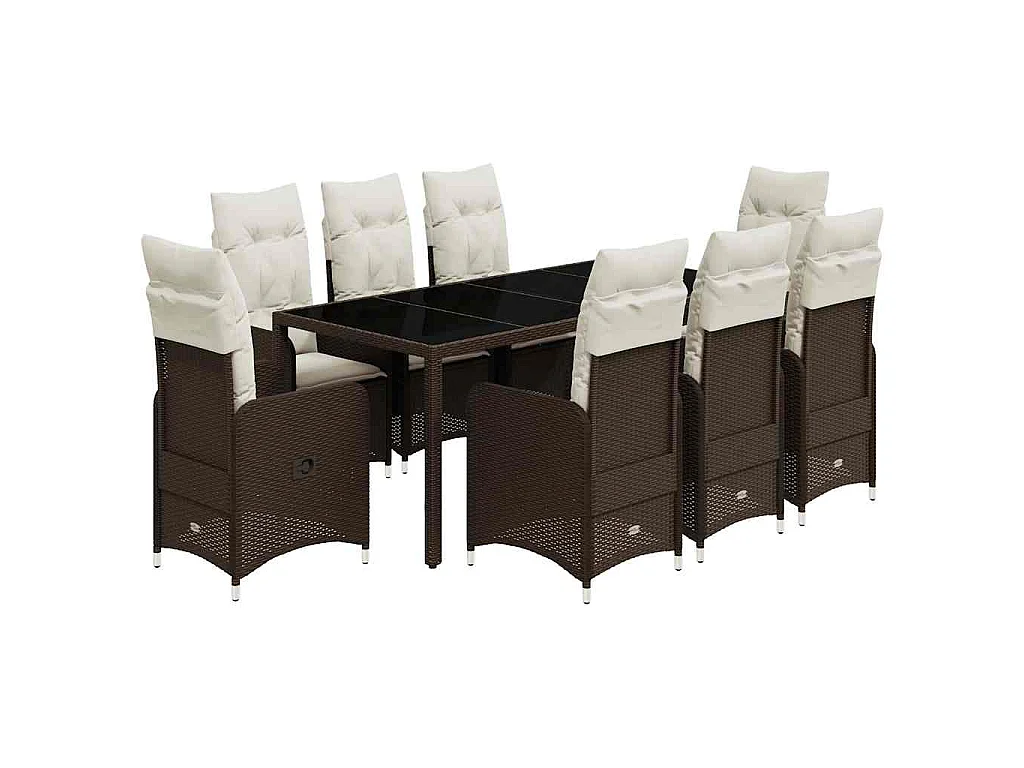 Ensemble de bistro de jardin 9 pièces coussins marron poly rotin