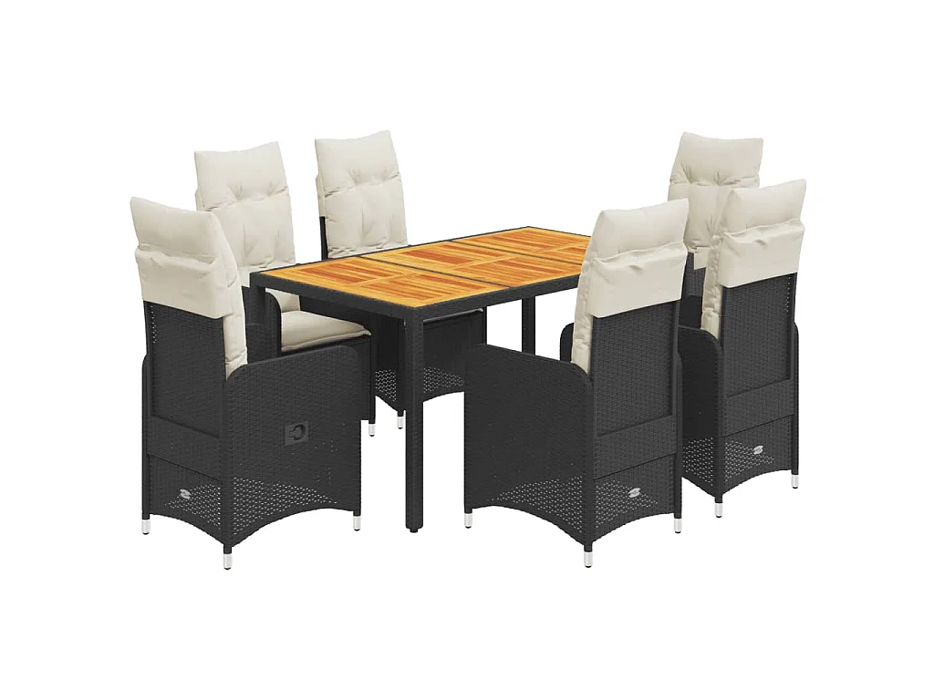 Set de mesa y sillas de jardín 7 piezas y cojines ratán PE negro