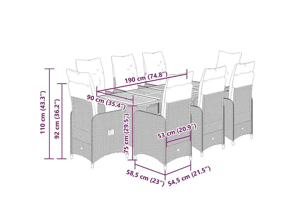 Ensemble de bistro de jardin 9 pièces coussins gris poly rotin