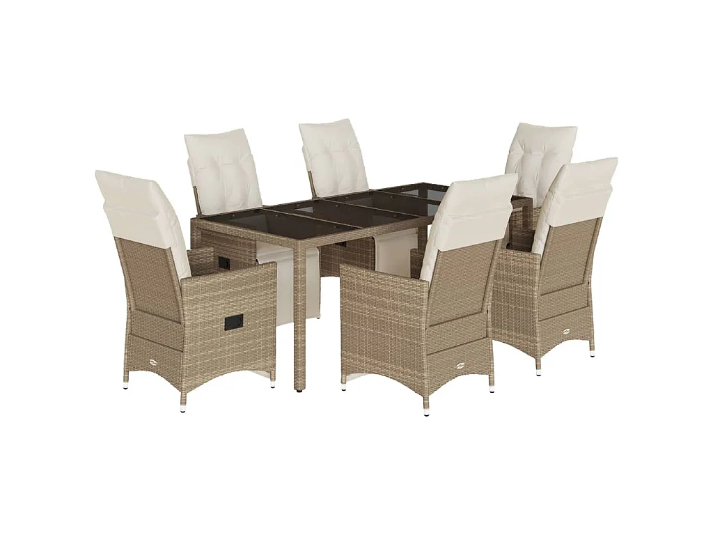 Set de mesa y sillas de jardín 7 piezas y cojines ratán PE beige