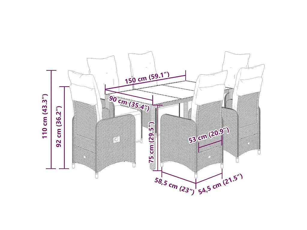 Set de mesa y sillas de jardín 7 piezas y cojines ratán PE negro