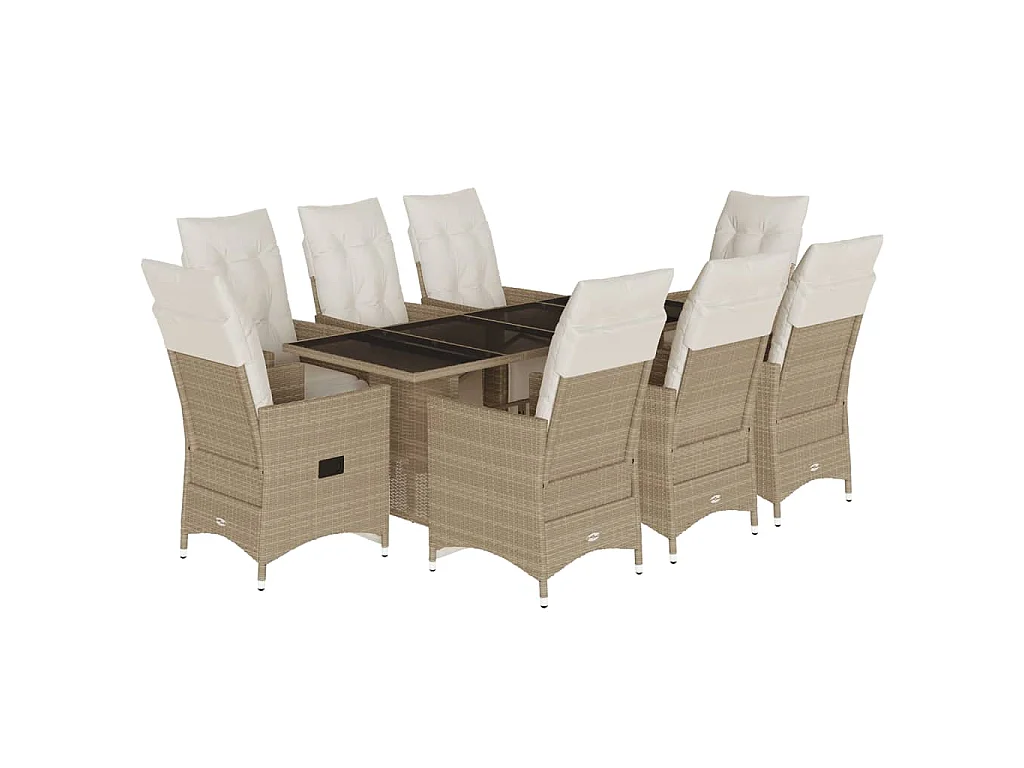 Ensemble de bistro de jardin 9 pièces coussins beige poly rotin