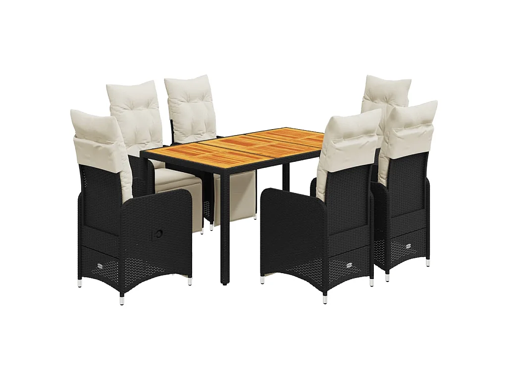 Set de mesa y sillas de jardín 7 piezas y cojines ratán PE negro